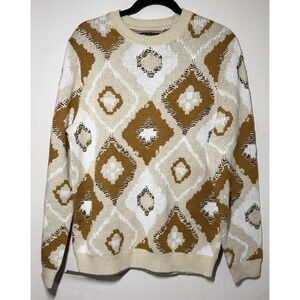 Asos Design Knitted Sweater Mens Size M Geometric Beige Crew Neck Long Sleeve